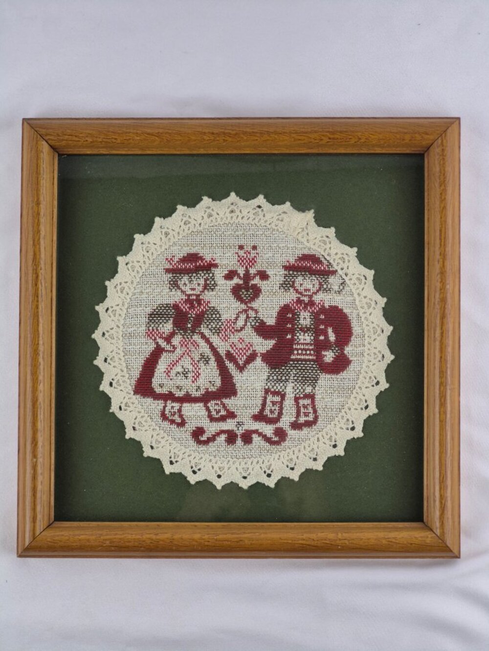Vintage Framed Embroidered Austrian Tyrolean Couple Scalloped Lace Edge Doily